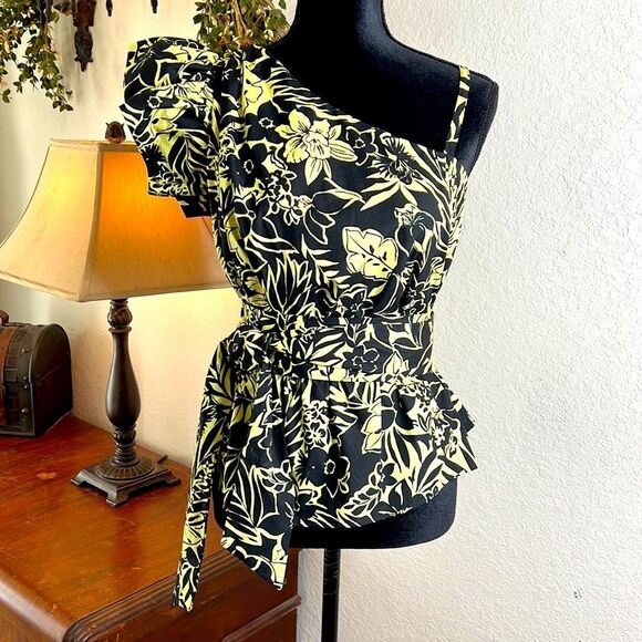 NWT PINKO | Mike 1 Popeline One Shoulder Italian Top | Nero/Lime | Size 6 - Picture 2 of 13